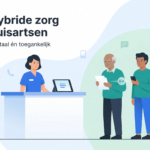 Hybride zorg huisartsen: assistente aan de balie met tablet, patiënt met brief en patiënt met smartphone in de huisartsenpraktijk