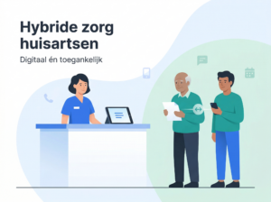Hybride zorg huisartsen: assistente aan de balie met tablet, patiënt met brief en patiënt met smartphone in de huisartsenpraktijk